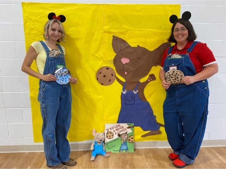 Mrs. Larrick and Mrs. Melson (PreK Teachers) dressed up  like the mouse in the story, "If You Give a Mouse a Cookie" By Laura Numeroff 