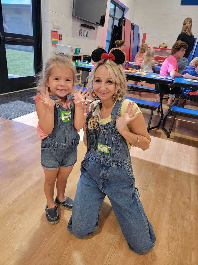 Soon to be PreK student, Madelynn and Mrs. Melson,  showing off their matching overalls.